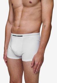 Bijele bokserice izrađene od mekog materijala, s crnim logotipom "PEGADOR" na elastičnom struku i uskim dizajnom.