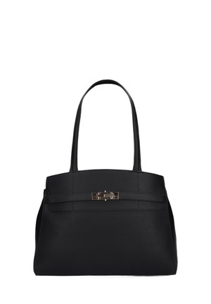 Borsa tote in pelle nera con due manici e una chiusura rettangolare dorata davanti.