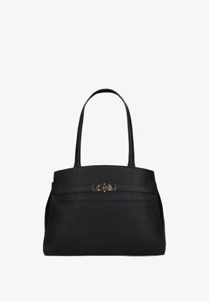 Borsa tote in pelle nera con due manici e una chiusura rettangolare dorata davanti.