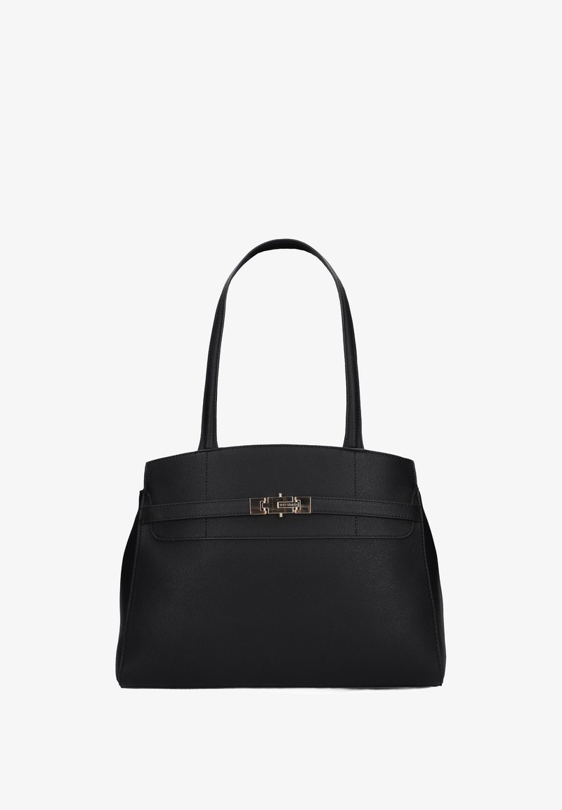 Zwarte lederen tote bag met twee schouderbanden en een goudkleurige rechthoekige sluiting aan de voorkant.