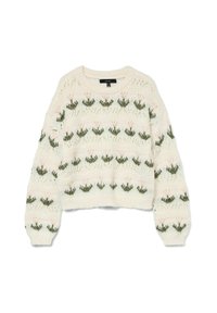 Pull en tricot couleur crème avec un motif floral dans des teintes de vert et de rose, doté d'un col rond et de manches longues.