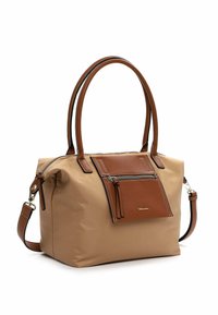 Borsa tote in nylon tan con accenti in pelle marrone, dotata di due manici superiori, una tracolla removibile e una tasca frontale con zip.