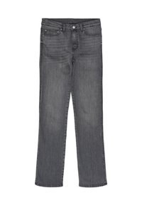 Jeans de mezclilla gris con un diseño de pierna recta, que cuentan con bolsillos frontales, un cierre de botón y un ligero desvanecimiento en la tela.