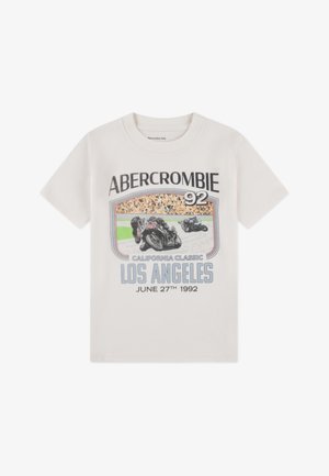 Krótki rękaw, kremowa bawełniana koszulka z grafiką wyścigów motocyklowych oraz tekstem: "Abercrombie 92", "California Classic" i "Los Angeles".