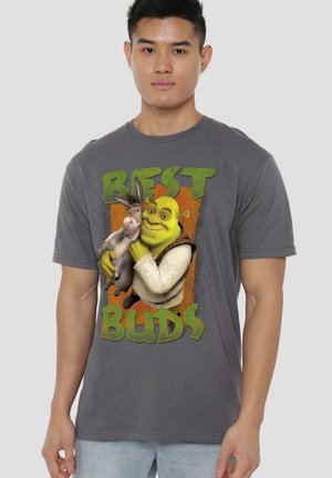 Young man wearing a gray T-shirt featuring Shrek and Donkey hugging with the words "Best Buds" in green text.