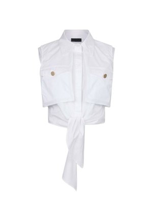 Top corto bianco in cotone con maniche corte, due tasche frontali, dettagli con bottoni color oro e orlo annodato.