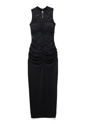 Vestido midi negro sin mangas con cuerpo y falda fruncidos, parte superior frontal de encaje, escote alto y detalle de abertura en forma de lágrima.