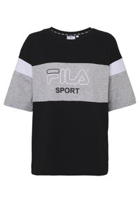 Černé, šedé a bílé tričko s krátkým rukávem s nápisem "FILA SPORT" v tučných písmenech, kulatým výstřihem a barevně blokovaným designem. Měkký bavlněný materiál.