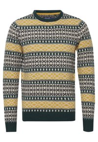 Gestickter Pullover mit einem geometrischen Muster in Grün, Gelb und Schwarz auf einem cremfarbenen Hintergrund; runder Hals und gerippte Ärmelbündchen sowie Saum.
