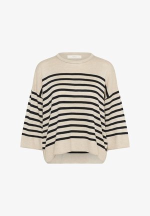 Beez ja mustri triibuline sviiter ümmarguse kaelusega, laiade ¾-sleeve'dega ja kergelt kaarduva hemiga. Pehme tekstuur, laia lõikega.