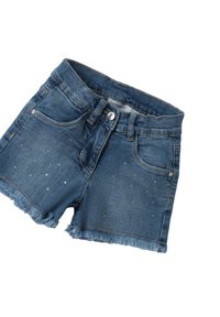 Shorts in denim con orlo sfilacciato, con una tonalità blu scuro, dettagli in strass lucidi e design classico a cinque tasche.