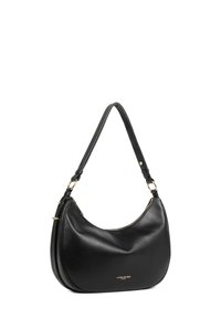Borsa a tracolla in pelle nera con forma curva, dettagli con zip dorata e logo sul davanti. Barra regolabile per versatilità.