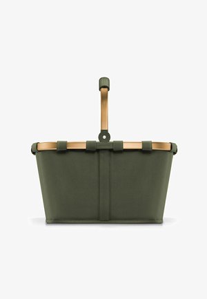 Olive green fabric basket with a sturdy gold metal handle. Features a tapered shape, flat bottom, and fabric straps for added support.