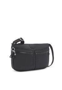 Schwarze Schultertasche aus weichem Material, mit zwei vorderen Reißverschlusstaschen, einem abnehmbaren Schlüsselanhänger und einem verstellbaren Tragegurt.