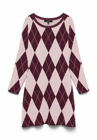 Tunic a maniche lunghe con grande motivo a rombi argyle rosa e bordeaux e scollatura rotonda.