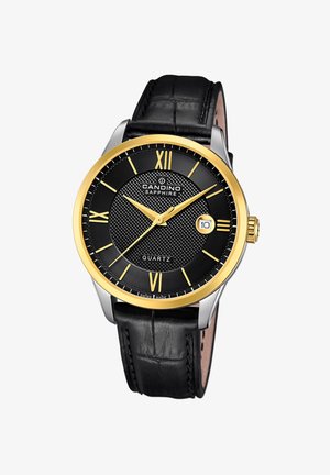Quartz watch with a black textured dial, gold accents, and Roman numerals. Silver-tone case, black leather strap, and date display.
