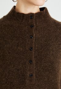 Brown woolen sweater with a high ribbed collar and six black buttons running down the front.