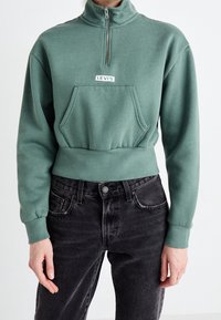 Felpa verde in pile con colletto alto, chiusura a zip fino a metà e tasca frontale; abbinata a jeans neri e polsini a costine.