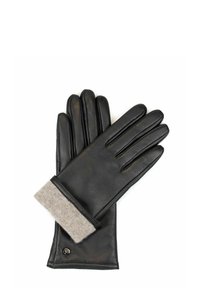 Schwarze Lederhandschuhe mit einem grauen Strickbündchen. Das Design umfasst fünf Finger und ein rundes Logo als Akzent am Handgelenk.