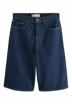 Dark blue denim knee-length shorts with front button, zipper, belt loops, two front pockets, and a coin pocket.