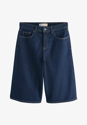 Dark blue denim knee-length shorts with front button, zipper, belt loops, two front pockets, and a coin pocket.