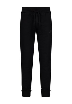 Zwarte sweatpants van zacht materiaal; voorzien van een elastische tailleband met een trekkoord, ribgebreide boorden en een klein logo nabij de heup.