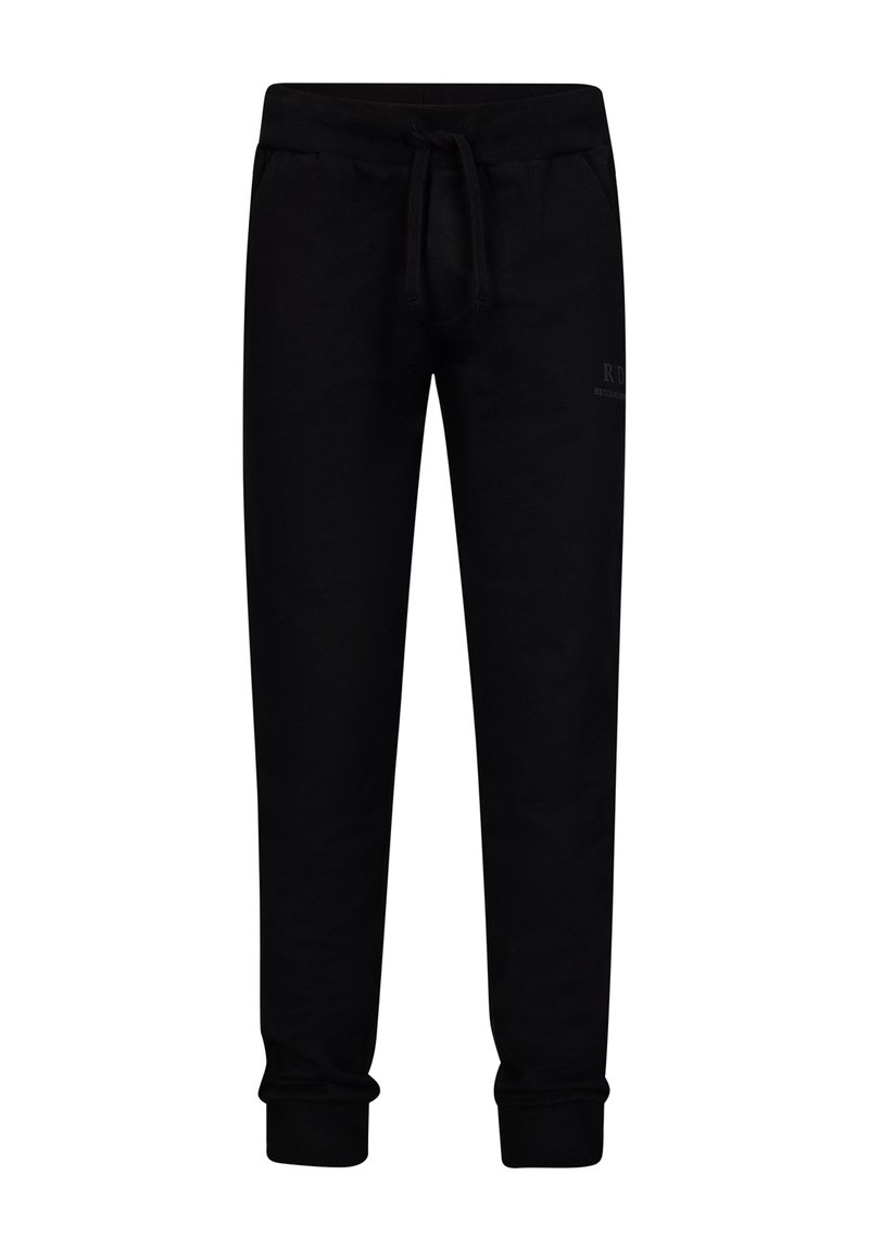 Schwarze Sweatpants aus weichem Stoff; mit einem elastischen Bund und Zugband, gerippten Bündchen und einem kleinen Logo nahe der Hüfte.