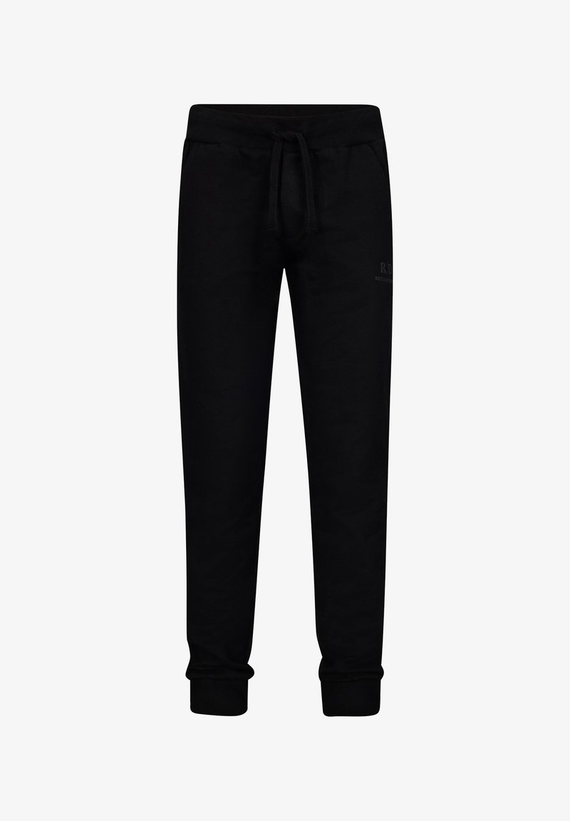 Schwarze Sweatpants aus weichem Stoff; mit einem elastischen Bund und Zugband, gerippten Bündchen und einem kleinen Logo nahe der Hüfte.