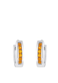 Orecchini a cerchio in argento con una fila di gemme arancioni incastonate in un design elegante e lucido con una superficie liscia.