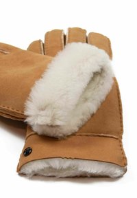 Braune Wildlederhandschuhe mit weißem Fellfutter am Bündchen, mit gestickten Details und einem schwarzen Druckknopfakzent.