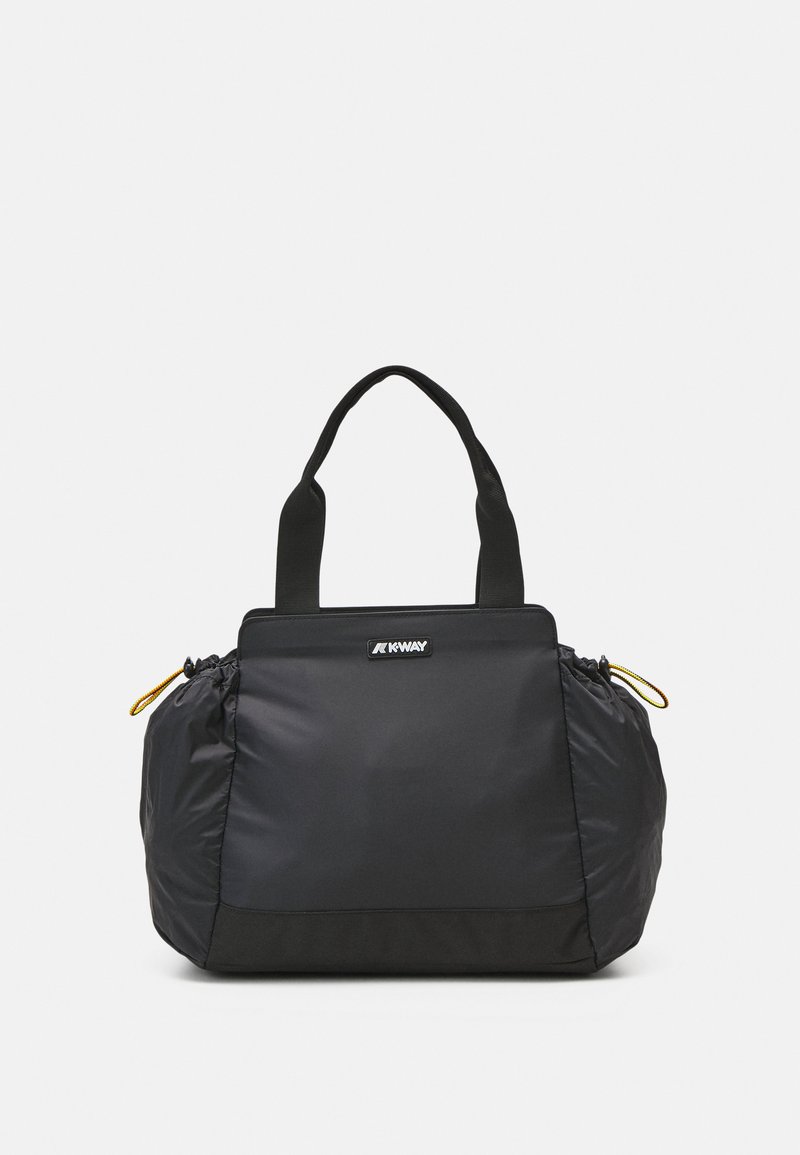 Black nylon bag with a soft, rounded shape. Features dual handles, a zip closure, and a contrasting yellow accent on the zipper.