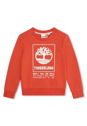 Sweatshirt rouge en coton, arborant un logo graphique blanc avec un design d'arbre et du texte. Col rond et poignets côtelés. Couleur unie, sans motifs.