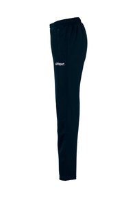 Pantalons de sport bleu marine en tissu doux, dotés d'une taille élastique, d'un design fuselé et d'un logo "uhlsport" blanc sur le côté.