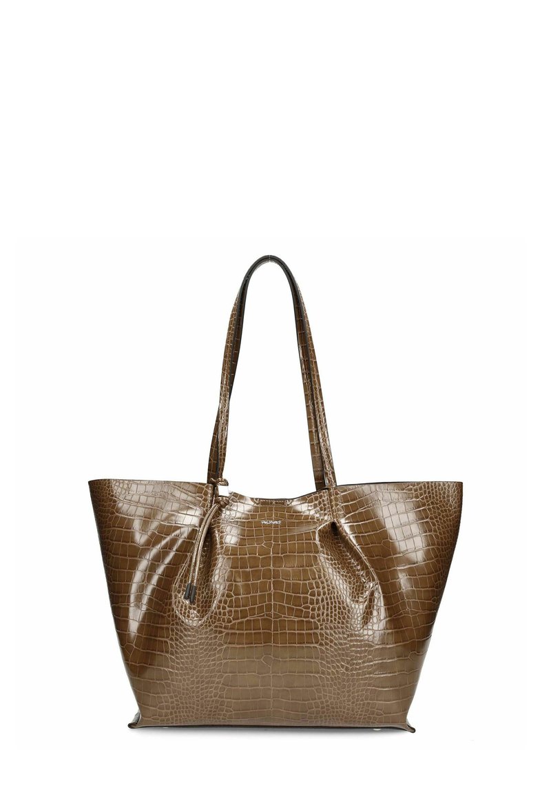 Bruine faux krokodillenleren schoudertas met een glanzende afwerking, een open bovenkant en twee stevige handvatten, voorzien van een centrale trekkoordsluiting.