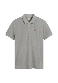 Grå kortärmad polo skjorta i bomull med en treknapps placket och en liten röd Levi's-logotyp på vänster bröst.