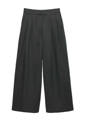 Hlače širokih nogavica od tamnosivog platna glatke teksture, s kopčanjem na dugme i nabranim detaljima za dodatnu strukturu.