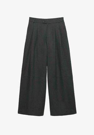 Bukser med vide ben i mørkegråt stof med en glat tekstur, udstyret med knaplukning og lægdetaljer for ekstra struktur.
