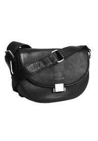 Borsa a tracolla nera in pelle con patta arrotondata, hardware in argento, tracolla regolabile e superficie testurizzata. Design compatto e minimalista.