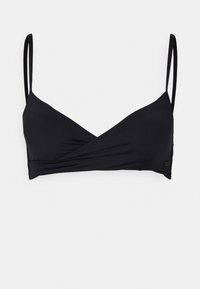 Zwarte bikini-top met dunne verstelbare bandjes, een wikkelontwerp, van textuurstof en een klein logo-label aan de zijkant.