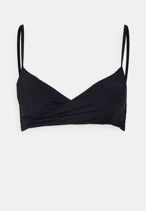 Black bikini top with thin adjustable straps, a wrap design, textured fabric, and a small logo tag on the side.