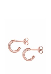 Orecchini a cerchio in oro rosa con un design curvo, caratterizzati da una superficie lucida e un retro a perno sicuro. Marcati con 925 per argento sterling.
