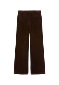 Bruine corduroy wijdvallende broek met een elastische tailleband, twee zijzakken en een zachte, gestructureerde afwerking.