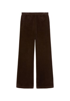 Brown corduroy wide-leg pants with an elastic waistband, two side pockets, and a soft, textured finish.