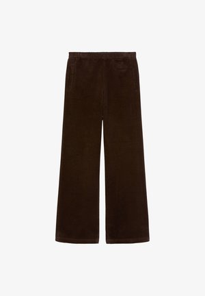 Brown corduroy wide-leg pants with an elastic waistband, two side pockets, and a soft, textured finish.