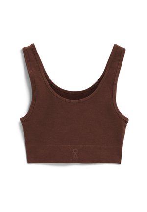 Bralette marron à coupe ajustée, bretelles larges et texture côtelée sur la bande inférieure. Conception simple et sans coutures, sans aucun élément métallique.
