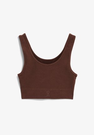 Bruin bralette met een aansluitend ontwerp, brede bandjes en een geribbelde textuur aan de onderband. Eenvoudige, naadloze constructie zonder metalen onderdelen.