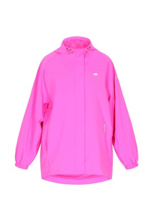 Lyserød letvægtsjakke med høj krave, elastiske manchetter og et lille logo. Har en løs pasform og glat, vandafvisende stof.
