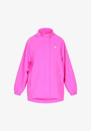 Rózsaszín, könnyű dzseki magas gallérral, rugalmas mandzsettákkal és egy kis logóval. Laza szabású, sima, vízlepergető anyagból készült.