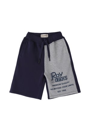 Shorts grises y marinos con una cintura con cordón, que presentan un logo impreso y texto en el lado gris. Fabricados con un suave material de mezcla de algodón.