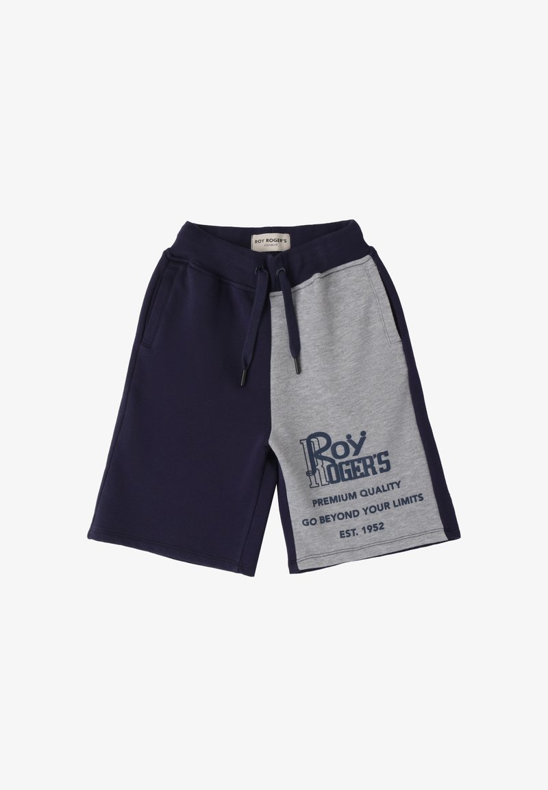 Pantaloni corti grigi e blu navy con vita elasticizzata, dotati di un logo stampato e testo sul lato grigio. Realizzati in un morbido tessuto misto cotone.